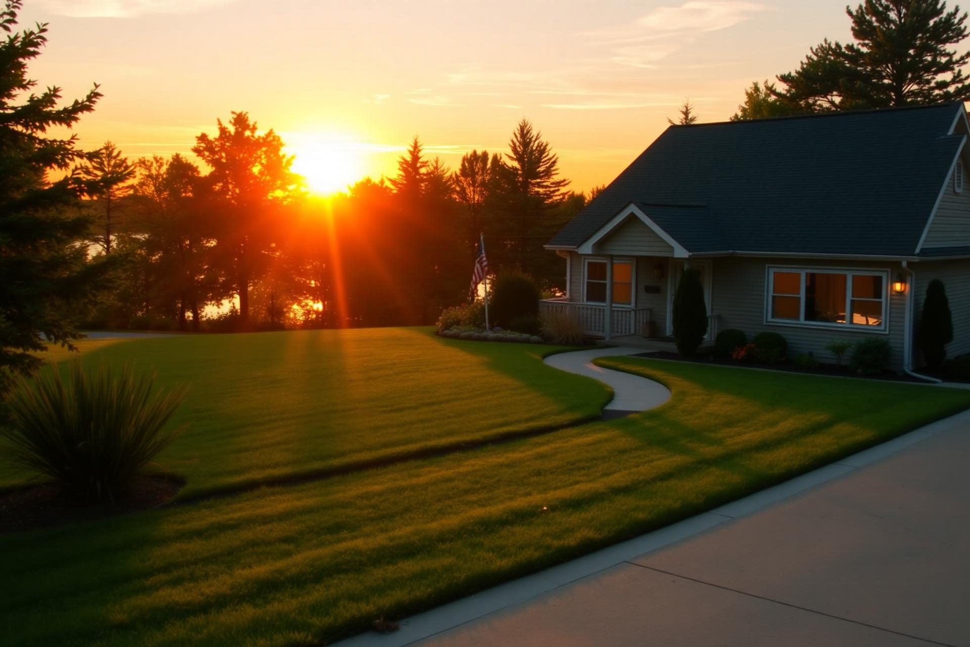 Sunrise over a well-kept Northern Michigan home